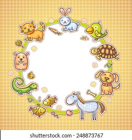 Round frame with cute cartoon pets and their food