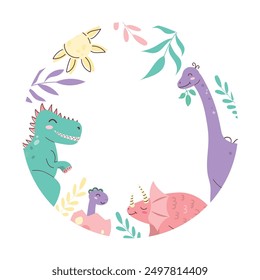 Round frame with cute dinosaurs. Dinosaur Kids Style. Cute character. Flat vector illustration.