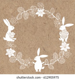 Round frame with cute Easter bunnies, daffodils and willow twigs. Vector illustration on kraft paper. Greeting card, invitation or isolated elements for design.