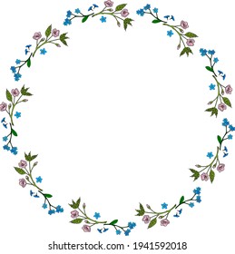 Runder Rahmen mit süßen Blumen vergiss-me-not und sakura Äste auf weißem Hintergrund. Doodle-Stil. Vektorbild. 