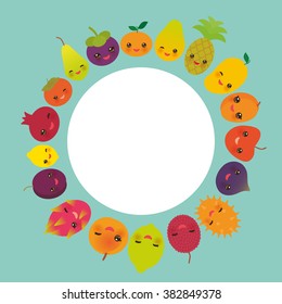 round frame cute funny kawaii fruit Pear Mangosteen tangerine pineapple papaya persimmon pomegranate lime apricot plum dragon fruit figs mango peach lemon lychee apple kiwano blue background. Vector