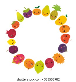 round frame cute funny kawaii fruit Pear Mangosteen tangerine pineapple papaya persimmon pomegranate lime apricot plum dragon fruit figs mango peach lemon lychee apple isolated on white. Vector