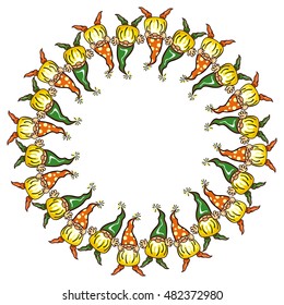 Round frame with cute gnomes in colorful caps. Funny background for decorations, greetings cards, children's books and other design artworks. Vector clip art.