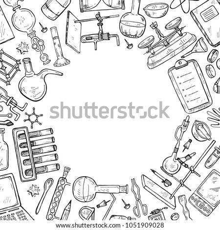 Round frame with cute hand drawn chemistry elements. Vector science cartoon collection
