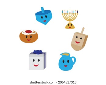 Round frame with cute Hanukkah symbols with smiling face, Hanukkah cartoon characters on White background