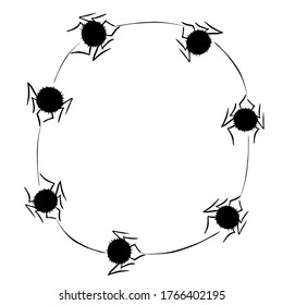 Round Frame of cute little spiders on web. Halloween vector background. Black and white, isolated, hand drawn illustration