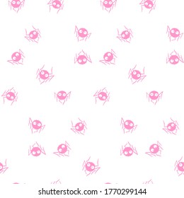 Round Frame of cute little spiders on web. Halloween vector background. Pink and white, isolated, hand drawn illustration