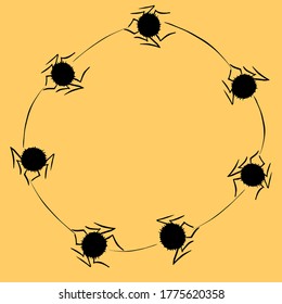 Round Frame of cute little spiders on web. Halloween vector background. Black and orange, isolated, hand drawn illustration