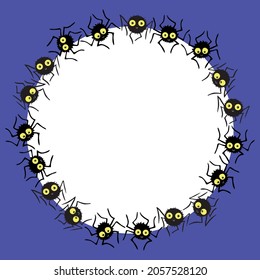 Round Frame of cute little spiders with glowing eyes. Halloween vector background, isolated, hand drawn illustration