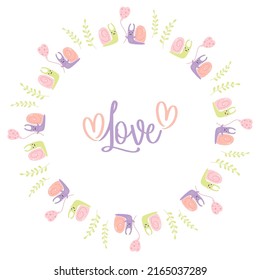 Round frame with cute pair of snails in love and slogan - Love. Vector illustration. Valentine postcard, napkin, round card, for print, decor and design