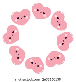 Round frame with cute pink hearts. Heart with cute face. Smiling heart.
