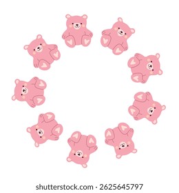 Round frame with cute pink teddy bears. Cute teddy bear with kawaii face.