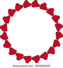 Round frame in cute red flower petals on white background. Vector image.