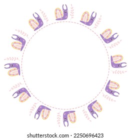 Marco redondo con caracol lindo con concha decorativa arco iris con corazones. Ilustración vectorial. Postal redonda, dosel para impresión, decoración y diseño, banners y decoración