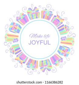 Round frame of cute sweet present boxes with bright color decoration and gentle curls, isolated on white background.