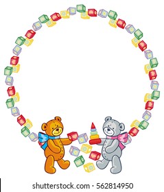 Round frame with cute teddy bears. Children toys. Copy space. Vector clip art.