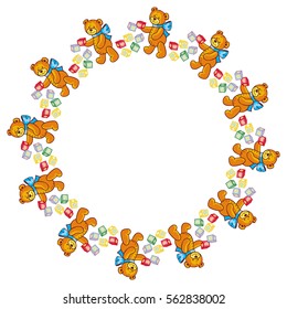 Round frame with cute teddy bears. Children toys. copy space. Vector clip art.