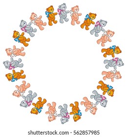 Round frame with cute teddy bears. Children toys. copy space. Vector clip art.
