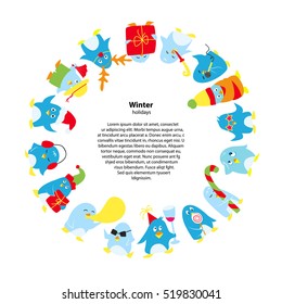 Round frame with cute vector penguins, happy penguin on christmas holiday party.