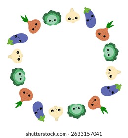 Round frame with cute vegetables. Veggies with smiling faces.