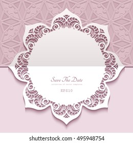 Round frame with cutout border pattern, paper lace doily, elegant save the date card or wedding invitation template with laser cut border ornament, eps10 vector illustration