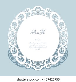 Round frame with cutout paper lace border, elegant save the date card or wedding invitation template, vector illustration