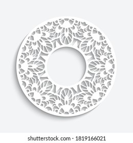 Round frame with cutout paper pattern. Vector template for laser cutting. Circle ornamental label. White lace decoration for wedding invitation card or scrapbook design. Place for text.