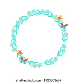 Round frame of daisies decorated with butterflies, vector floral arrangement with spring flowers, cartoon style, hand draw.