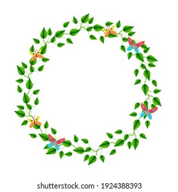 Round frame of daisies decorated with butterflies, vector floral arrangement with spring flowers, cartoon style, hand draw.