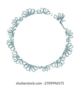 Round frame with daisy flowers and stems. Vector round frame with peeking out flowers in line art style. Trendy colors used. Botanical illustration.