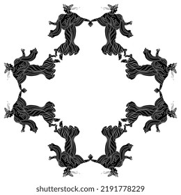 Round frame with dancing ancient Greek women. Black and white silhouette.