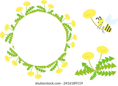 Round frame of dandelion flowers and bees.