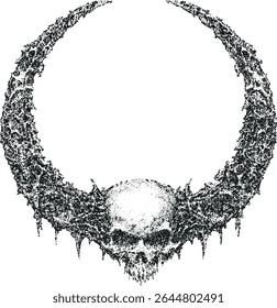 Round frame with dark skull with floral ornament, stipple effect