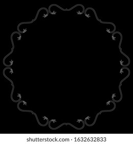 Round frame or decor with stylized snakes. Black and white silhouette. Vintage style. Isolated vector illustration. 