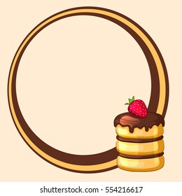 Round frame decorated cake with strawberries. Vector illustration.