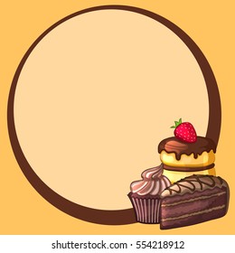 Round frame decorated cake with strawberries and chocolate cupcakes. Vector illustration.