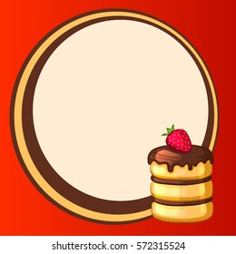 Round frame decorated cake with strawberries. Vector illustration.