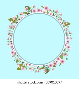 Round frame decorated with cherry flowers. Vector Image - vignette.