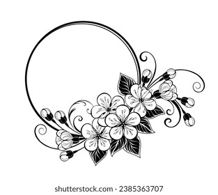 Round Frame, decorated with contour, artistically drawn sakura flowers on a white background. Coloring. Blooming Japanese cherry. hand drawn vector art