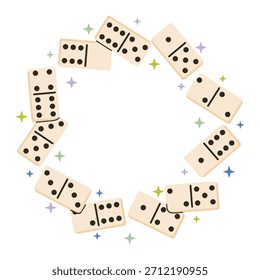 Marco redondo decorado con divertidas piezas de juego de dominó y pequeños acentos de estrella. El estilo de dibujos animados planos brillantes crea un ambiente alegre y juguetón, perfecto para diseños infantiles, diseños de juegos, proyectos artesanales.
