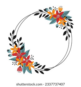 Round frame decorated with hand drawn fall flowers. Vector flat style illustration for greeting cards, invitations, postcards decor