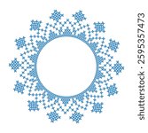 Round frame decorated with intricate red and blue cross-stitch patterns  cross-stitch motifs folk embroidery 