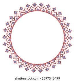 Round frame decorated with intricate red and blue cross-stitch patterns  cross-stitch motifs folk embroidery 