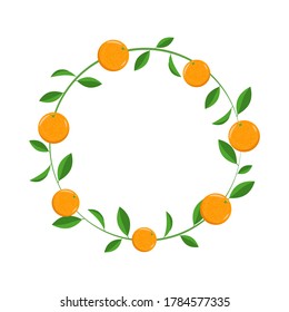 Marco redondo decorado con naranjas y hojas verdes sobre un fondo blanco. Bien por invitaciones, felicitaciones.