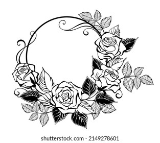 Marco redondo, decorado con contorno, rama de rosa dibujada artistalmente con hojas estilizadas sobre fondo blanco. La rosa del contorno.