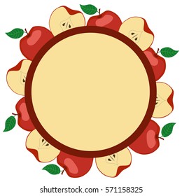 Round frame decorated with red apples and cut in halves. Vector illustration.