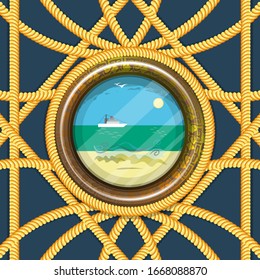 Rundrahmen mit Schiffseilen verziert. Malerei mit einem Schiff im Ozean. Ferienkomposition im marinen Stil. Vektorillustration