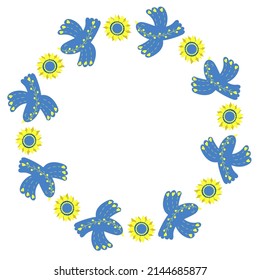 Round frame with decorative blue birds and yellow flowers sunflower. napkin in yellow and blue tones, colors of Ukrainian flag. Vector illustration. Floral pattern for decor, design, print and napkins