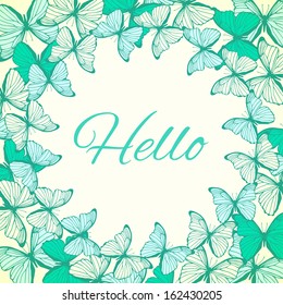 Round frame with decorative butterflies isolated on white background. Ornament with place for your text. Beautiful summer texture, wedding invitation