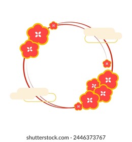 Round frame with decorative cloud and red flowers template. Chinese Holiday celebration, asian traditional festival concepts. Suitable for poster, flyer. Flat vector design isolated illustration.